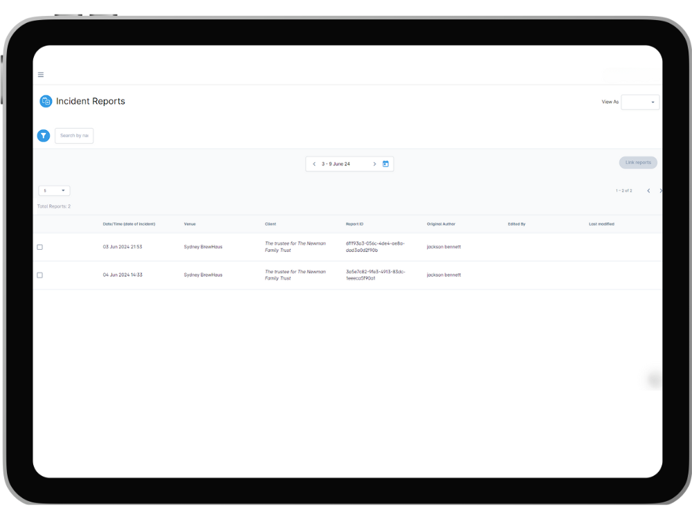 A RosterEzy Incident Report register displayed on a tablet. The screen displays key information for a number of reports.