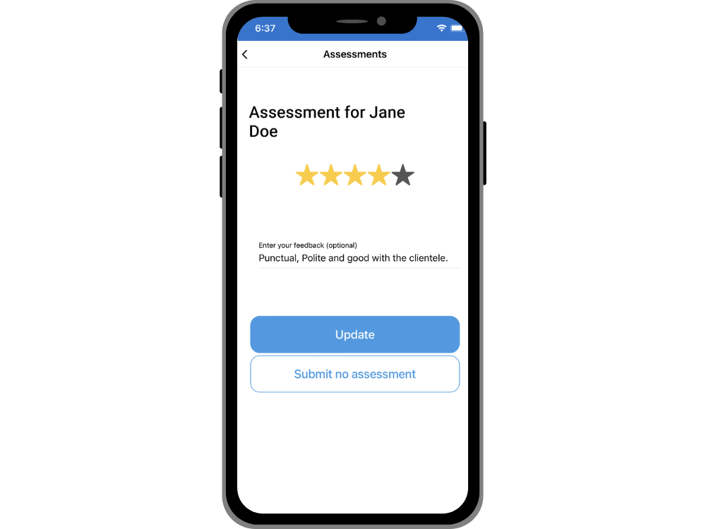 A user submitting a 4/5 star rating for a resource on the RosterEzy app, displayed on a mobile screen.