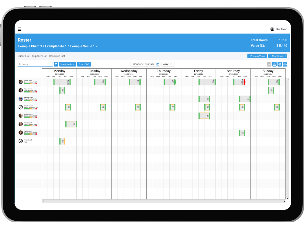 A RosterEzy Roster displayed on a tablet. A number of resources attached to a venue are displayed with their shifts in a weekview. The shifts are colour-coded by status.